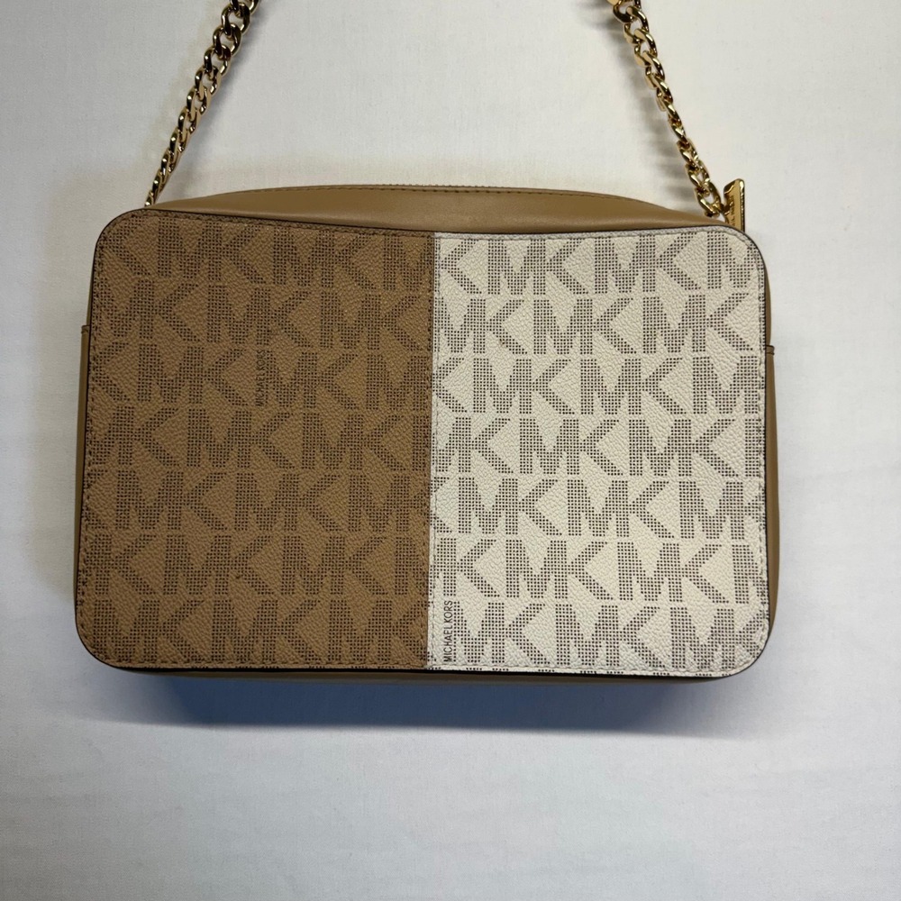 Michael Kors Neutral Colorblock MK Logo Crossbody Chain Purse Vanilla Camel - Picture 4 of 11